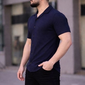 Erkek Waffle Kumaş Kısa Kollu Düğmeli Açık Yaka Regular Fit Gömlek - Lacivert