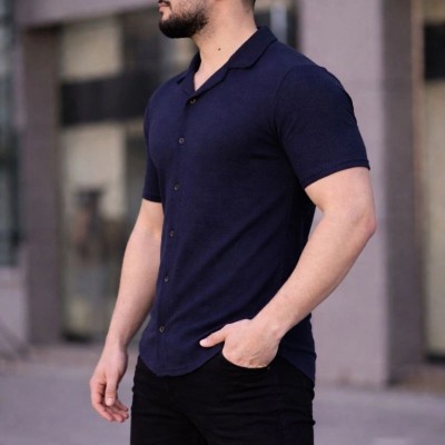 Erkek Waffle Kumaş Kısa Kollu Düğmeli Açık Yaka Regular Fit Gömlek - Lacivert