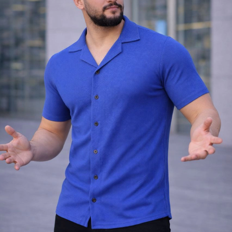 Erkek Waffle Kumaş Kısa Kollu Düğmeli Açık Yaka Regular Fit Gömlek - Saks Mavisi