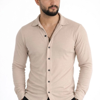 Erkek Waffle Kumaş Uzun Kollu Düğmeli Açık Yaka Regular Fit Gömlek - Bej