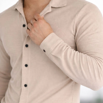 Erkek Waffle Kumaş Uzun Kollu Düğmeli Açık Yaka Regular Fit Gömlek - Bej