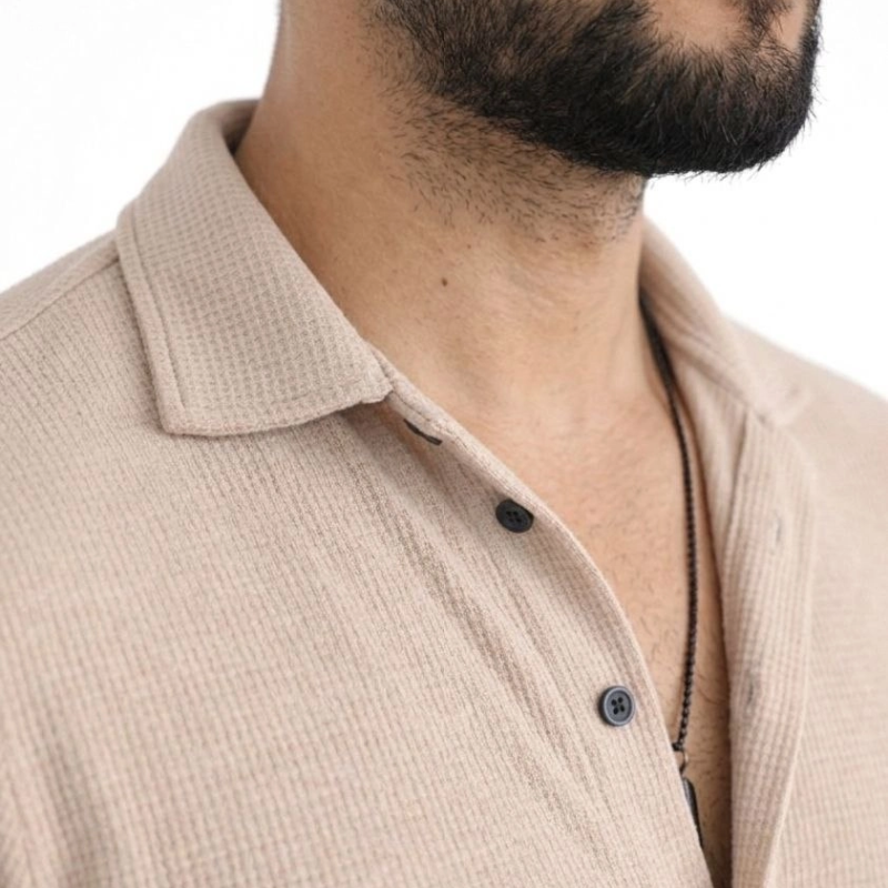 Erkek Waffle Kumaş Uzun Kollu Düğmeli Açık Yaka Regular Fit Gömlek - Bej