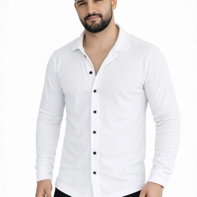 Erkek Waffle Kumaş Uzun Kollu Düğmeli Açık Yaka Regular Fit Gömlek - Beyaz