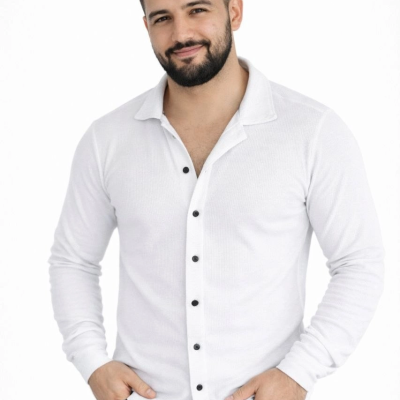 Erkek Waffle Kumaş Uzun Kollu Düğmeli Açık Yaka Regular Fit Gömlek - Beyaz