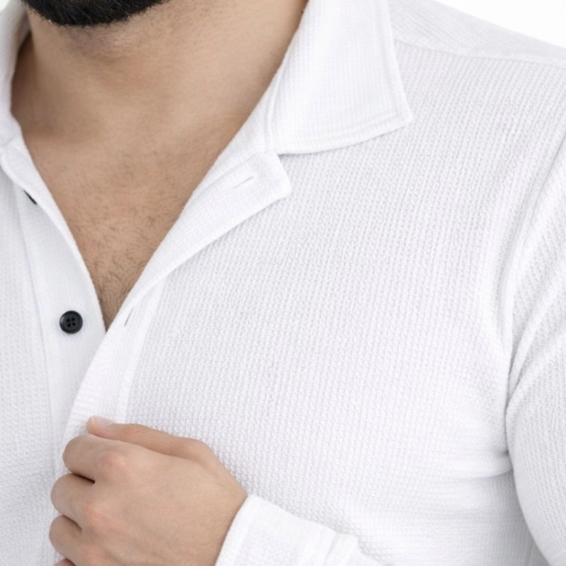 Erkek Waffle Kumaş Uzun Kollu Düğmeli Açık Yaka Regular Fit Gömlek - Beyaz