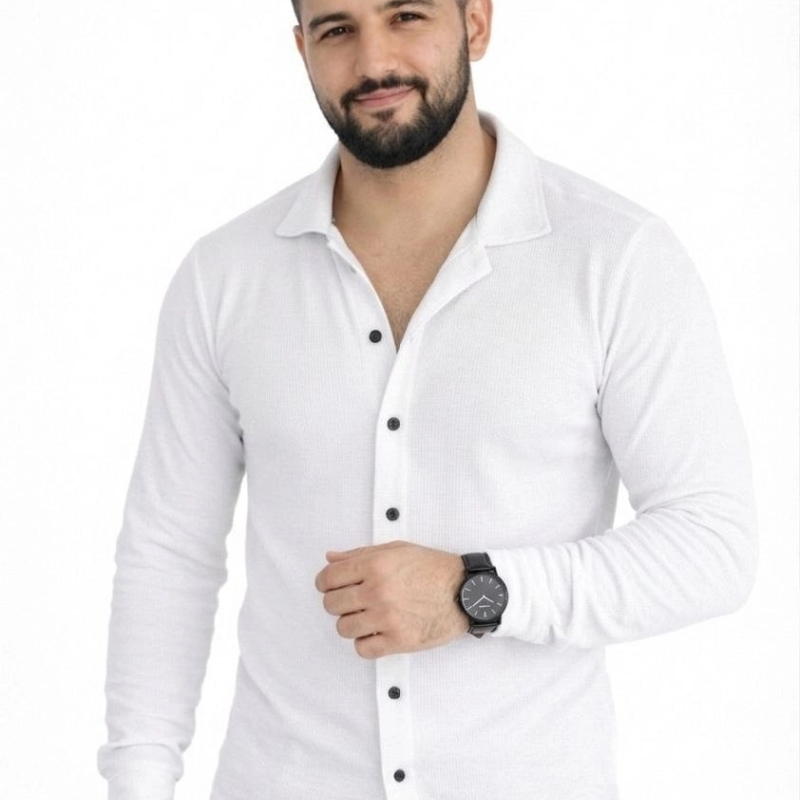 Erkek Waffle Kumaş Uzun Kollu Düğmeli Açık Yaka Regular Fit Gömlek - Beyaz