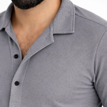 Erkek Waffle Kumaş Uzun Kollu Düğmeli Açık Yaka Regular Fit Gömlek - Füme