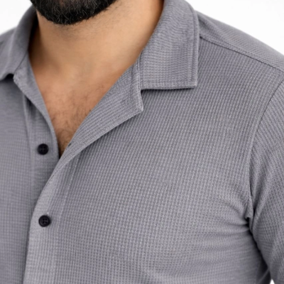 Erkek Waffle Kumaş Uzun Kollu Düğmeli Açık Yaka Regular Fit Gömlek - Füme
