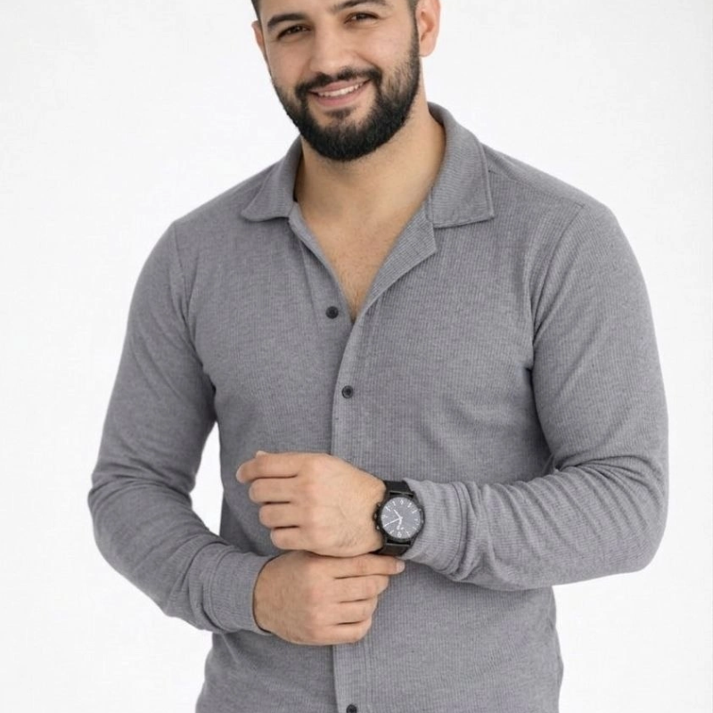 Erkek Waffle Kumaş Uzun Kollu Düğmeli Açık Yaka Regular Fit Gömlek - Füme