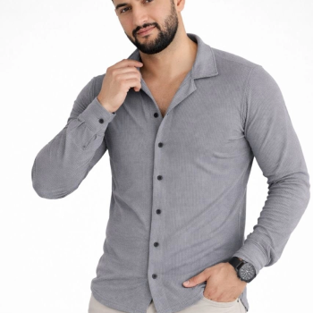 Erkek Waffle Kumaş Uzun Kollu Düğmeli Açık Yaka Regular Fit Gömlek - Füme