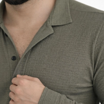 Erkek Waffle Kumaş Uzun Kollu Düğmeli Açık Yaka Regular Fit Gömlek - Haki