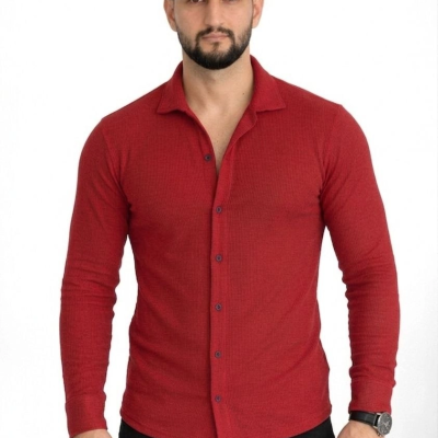 Erkek Waffle Kumaş Uzun Kollu Düğmeli Açık Yaka Regular Fit Gömlek - Kırmızı
