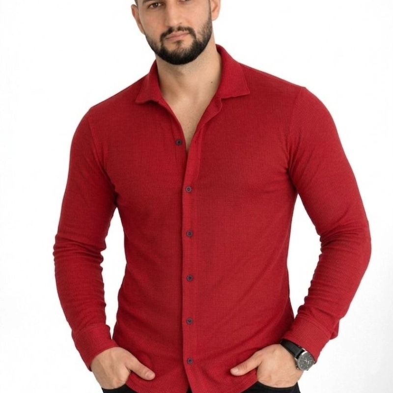 Erkek Waffle Kumaş Uzun Kollu Düğmeli Açık Yaka Regular Fit Gömlek - Kırmızı