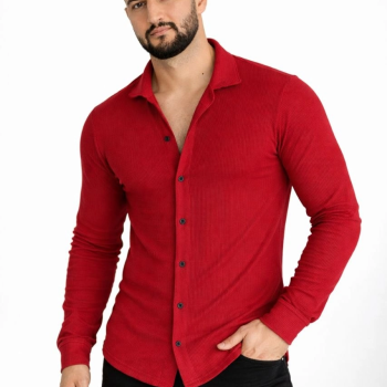 Erkek Waffle Kumaş Uzun Kollu Düğmeli Açık Yaka Regular Fit Gömlek - Kırmızı
