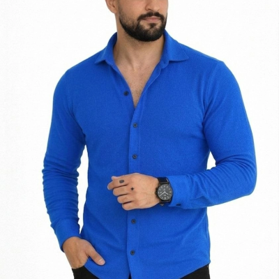 Erkek Waffle Kumaş Uzun Kollu Düğmeli Açık Yaka Regular Fit Gömlek - Saks Mavisi