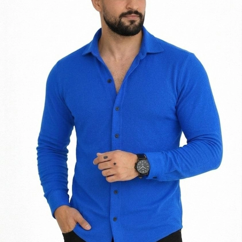 Erkek Waffle Kumaş Uzun Kollu Düğmeli Açık Yaka Regular Fit Gömlek - Saks Mavisi