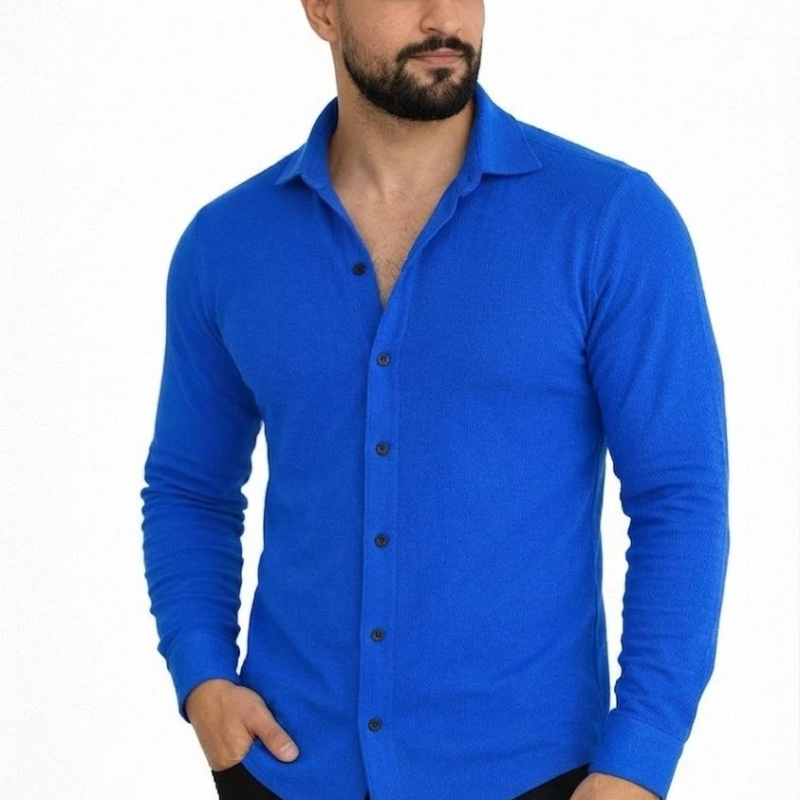 Erkek Waffle Kumaş Uzun Kollu Düğmeli Açık Yaka Regular Fit Gömlek - Saks Mavisi