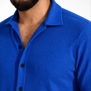 Erkek Waffle Kumaş Uzun Kollu Düğmeli Açık Yaka Regular Fit Gömlek - Saks Mavisi
