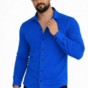 Erkek Waffle Kumaş Uzun Kollu Düğmeli Açık Yaka Regular Fit Gömlek - Saks Mavisi