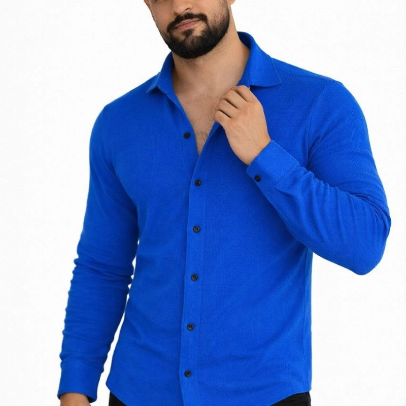 Erkek Waffle Kumaş Uzun Kollu Düğmeli Açık Yaka Regular Fit Gömlek - Saks Mavisi