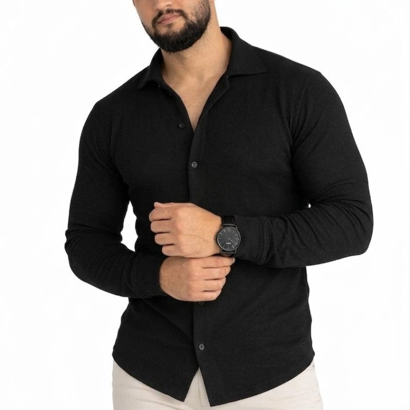 Erkek Waffle Kumaş Uzun Kollu Düğmeli Açık Yaka Regular Fit Gömlek - Siyah
