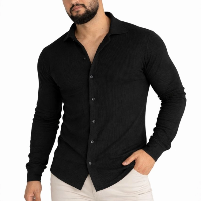 Erkek Waffle Kumaş Uzun Kollu Düğmeli Açık Yaka Regular Fit Gömlek - Siyah