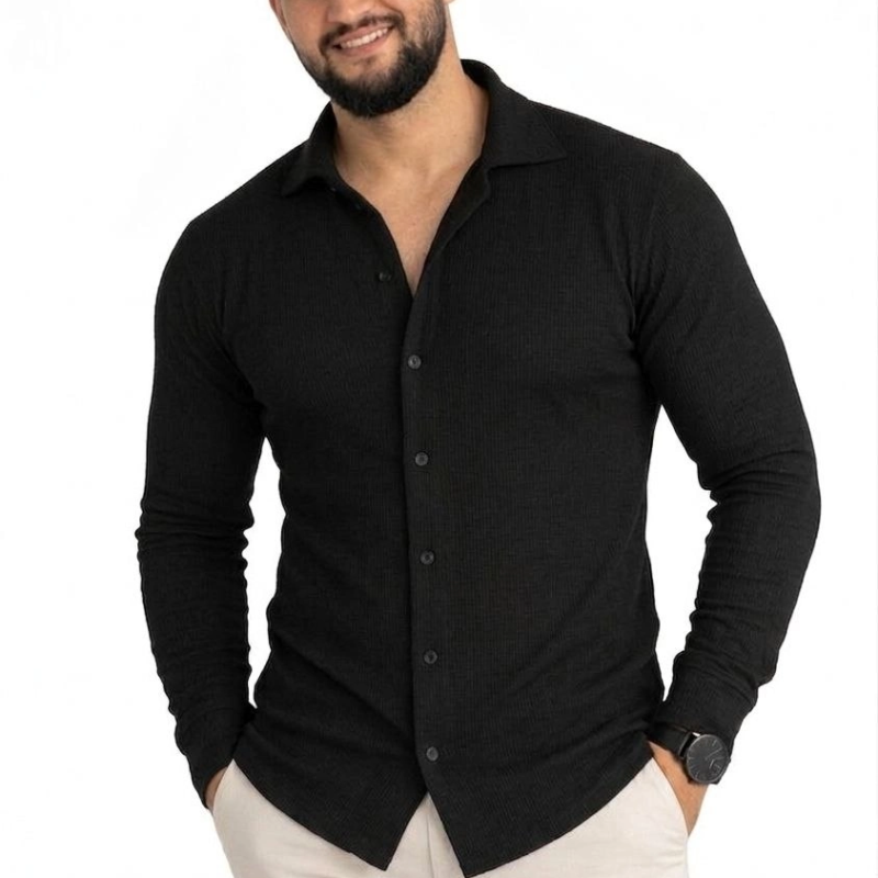 Erkek Waffle Kumaş Uzun Kollu Düğmeli Açık Yaka Regular Fit Gömlek - Siyah