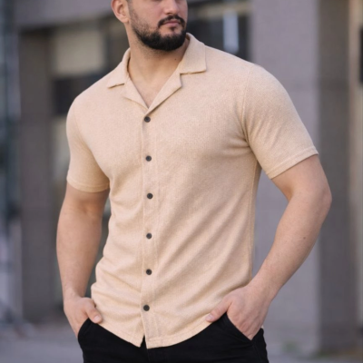 Erkek Waffle Kumaş Yakalı Kısa Kol Düğmeli Gömlek 3’lü Set Bej-Beyaz-Lacivert