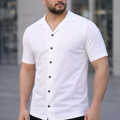 Erkek Waffle Kumaş Yakalı Kısa Kol Düğmeli Gömlek 3’lü Set Bej-Beyaz-Lacivert