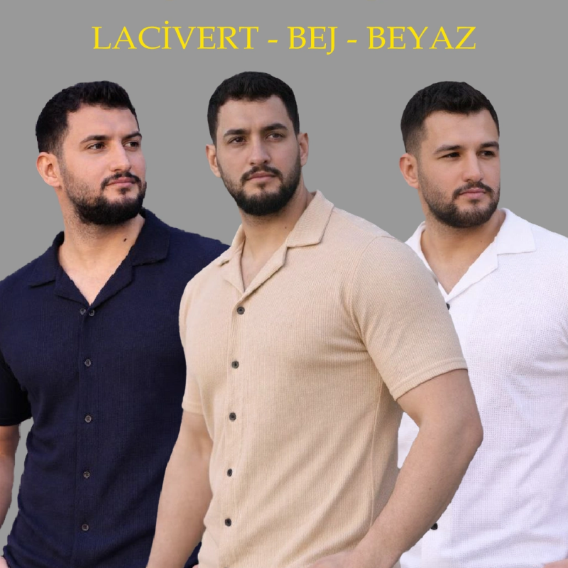 Erkek Waffle Kumaş Yakalı Kısa Kol Düğmeli Gömlek 3’lü Set Bej-Beyaz-Lacivert