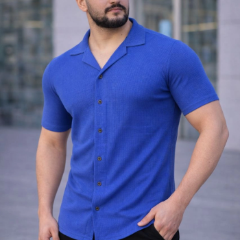 Erkek Waffle Kumaş Yakalı Kısa Kol Düğmeli Gömlek 3’lü Set Gri-Saks Mavisi-Beyaz