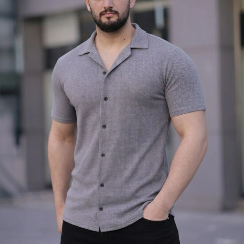 Erkek Waffle Kumaş Yakalı Kısa Kol Düğmeli Gömlek 3’lü Set Gri-Saks Mavisi-Beyaz