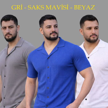 Erkek Waffle Kumaş Yakalı Kısa Kol Düğmeli Gömlek 3’lü Set Gri-Saks Mavisi-Beyaz