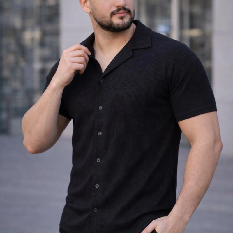 Erkek Waffle Kumaş Yakalı Kısa Kol Düğmeli Gömlek 3’lü Set Siyah-Haki-Lacivert