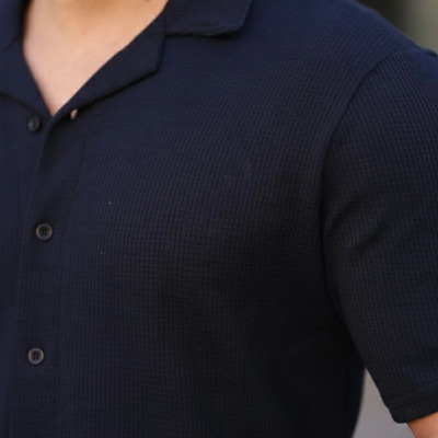 Erkek Waffle Kumaş Yakalı Kısa Kol Düğmeli Gömlek 3’lü Set Siyah-Haki-Lacivert