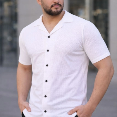 Erkek Waffle Kumaş Yakalı Kısa Kol Düğmeli Gömlek 3’lü Set Siyah-Kırmızı-Beyaz