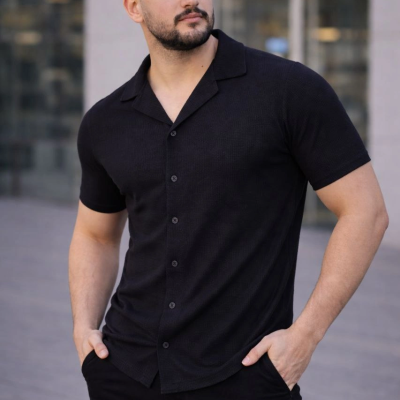 Erkek Waffle Kumaş Yakalı Kısa Kol Düğmeli Gömlek 3’lü Set Siyah-Kırmızı-Beyaz