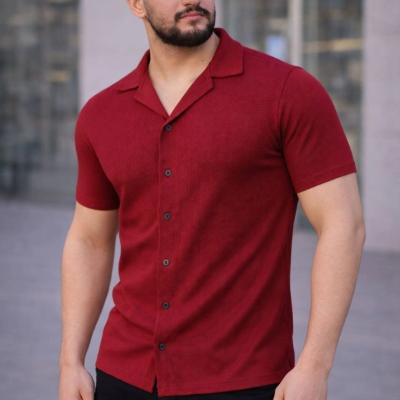 Erkek Waffle Kumaş Yakalı Kısa Kol Düğmeli Gömlek 3’lü Set Siyah-Kırmızı-Beyaz