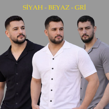 Erkek Waffle Kumaş Yazlık Yakalı Kısa Kol Düğmeli Gömlek 3’lü Set Siyah-Beyaz-Gri