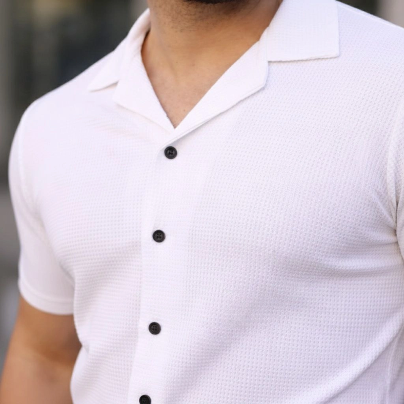 Erkek Waffle Kumaş Yazlık Yakalı Kısa Kol Düğmeli Gömlek 3’lü Set Siyah-Beyaz-Gri