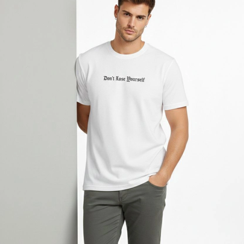 Erkek Wafıl Kumaş Tişört Regular Kalıp Bisiklet Yaka Baskılı T-Shirt - Beyaz