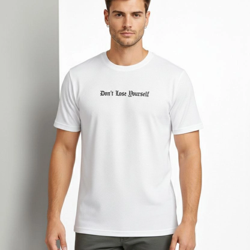 Erkek Wafıl Kumaş Tişört Regular Kalıp Bisiklet Yaka Baskılı T-Shirt - Beyaz