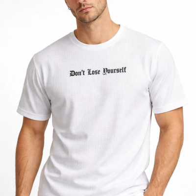 Erkek Wafıl Kumaş Tişört Regular Kalıp Bisiklet Yaka Baskılı T-Shirt - Beyaz