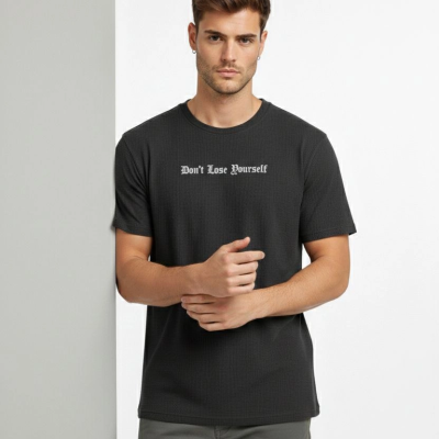 Erkek Wafıl Kumaş Tişört Regular Kalıp Bisiklet Yaka Baskılı T-Shirt - Siyah