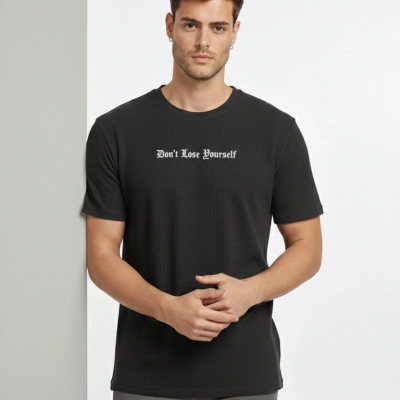 Erkek Wafıl Kumaş Tişört Regular Kalıp Bisiklet Yaka Baskılı T-Shirt - Siyah