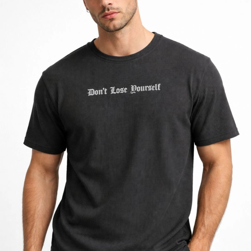 Erkek Wafıl Kumaş Tişört Regular Kalıp Bisiklet Yaka Baskılı T-Shirt - Siyah