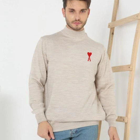 Erkek Yarım Bağazlı Kazak Baskılı Dokuma Triko - Bej