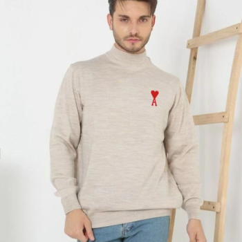 Erkek Yarım Bağazlı Kazak Baskılı Dokuma Triko - Bej