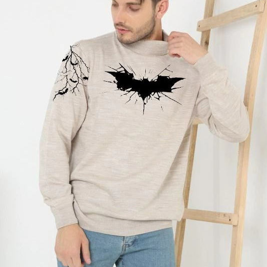 Erkek Yarım Bağazlı Kazak Baskılı Dokuma Triko - Bej