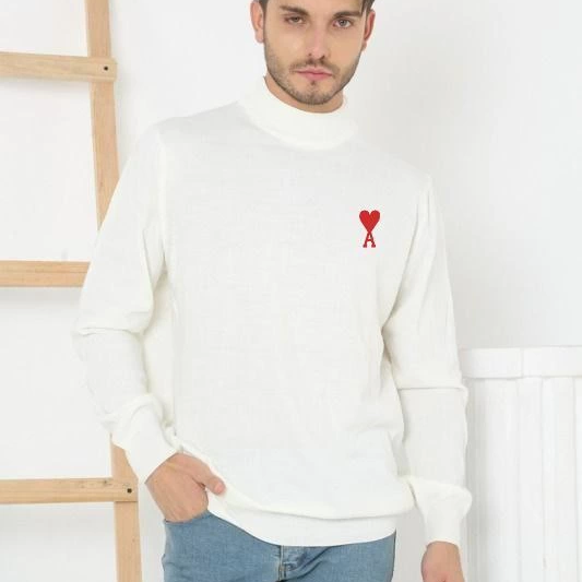 Erkek Yarım Bağazlı Kazak Baskılı Dokuma Triko - Beyaz